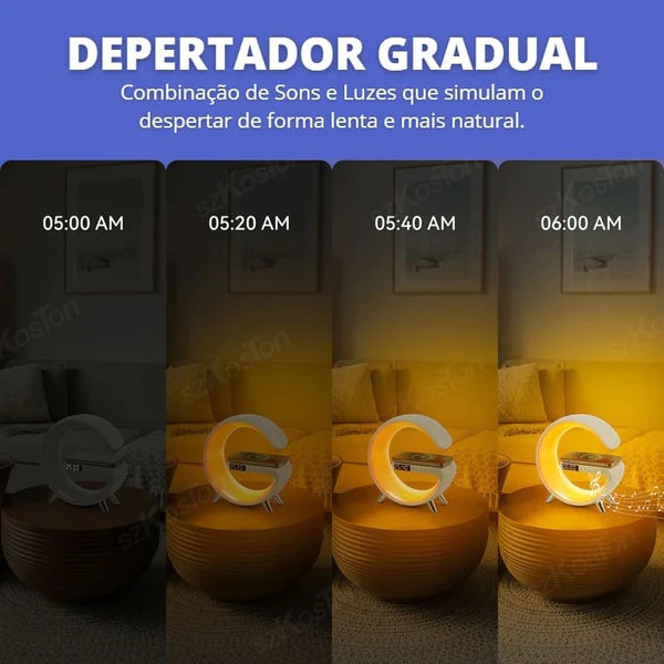 CARREGADOR POR INDUÇÃO + DESPERTADOR + LUMINÁRIA + SOM BLUETOOTH   Essência Urbana©